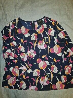 Anthropologie W5 Navy Floral Blouse with Pink, Orange & Cream Blooms Delicate